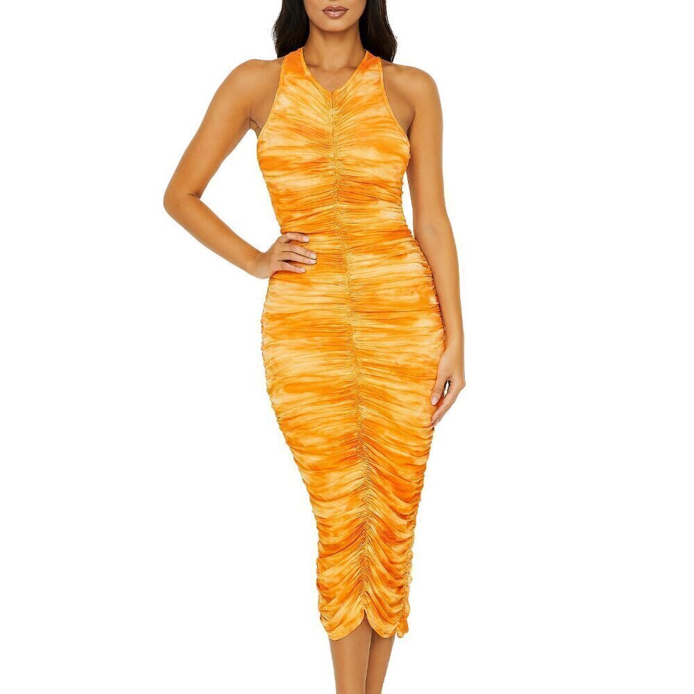 House of Harlow 1960 Ruched Tie Dye Bodycon Midi Dress Orange Size Small